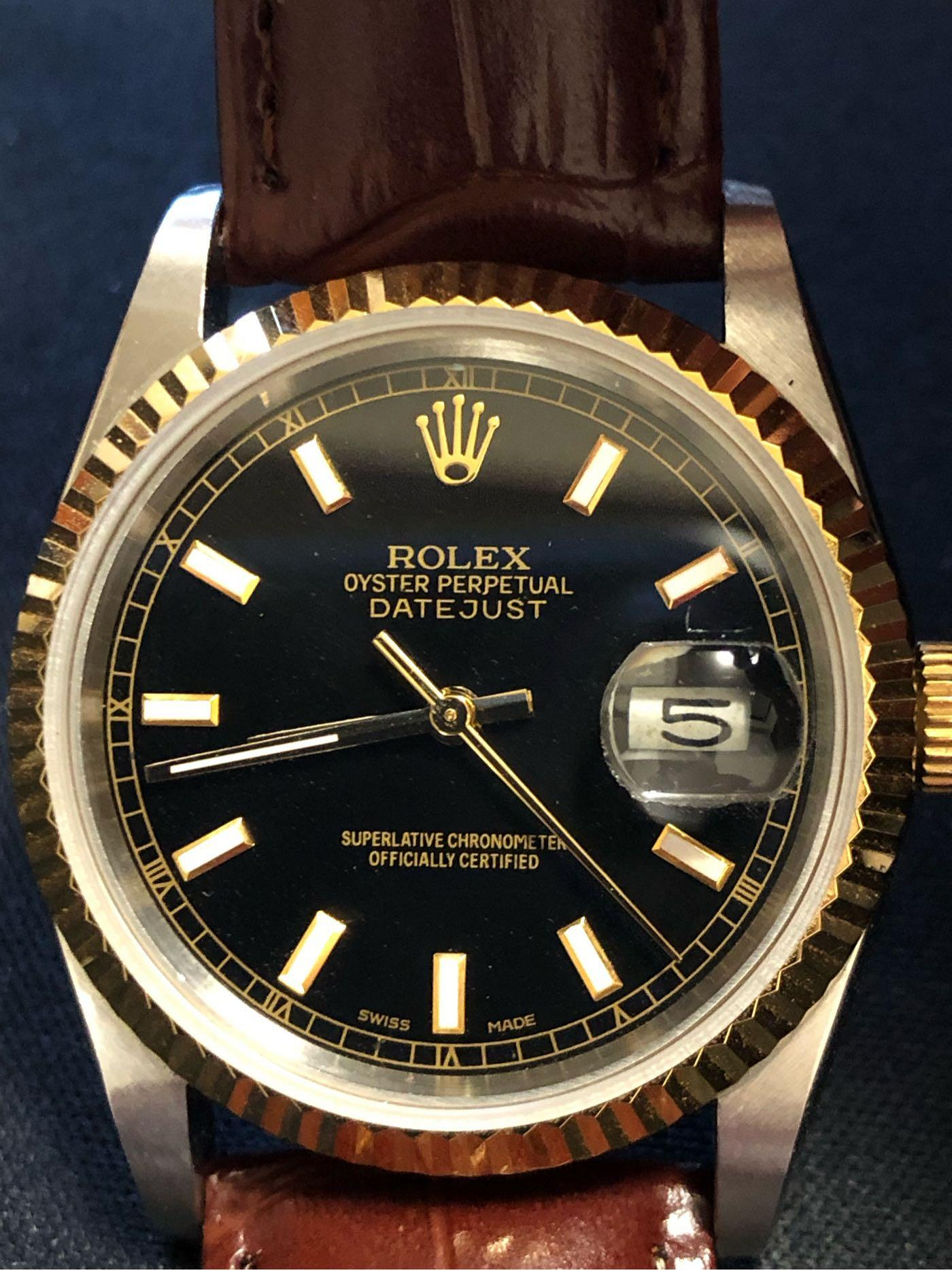 特價 二手港錶 Rolex 勞力士 港勞 DateJust 16233 半金皮帶夜光條丁黑面盤  錶徑36mm