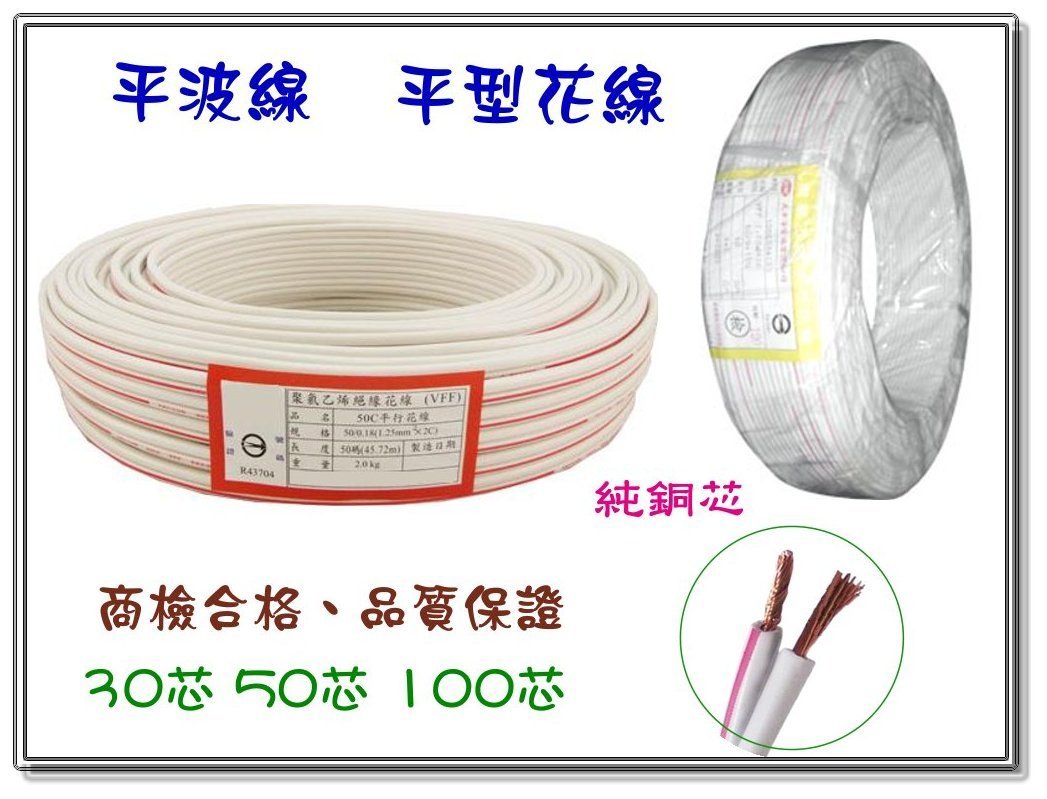 【 大尾鱸鰻便宜GO】平波線 電源線 電線 喇叭線 30芯 0.75平方 平型花線 100碼裝 商檢合格 ☎不指定廠牌