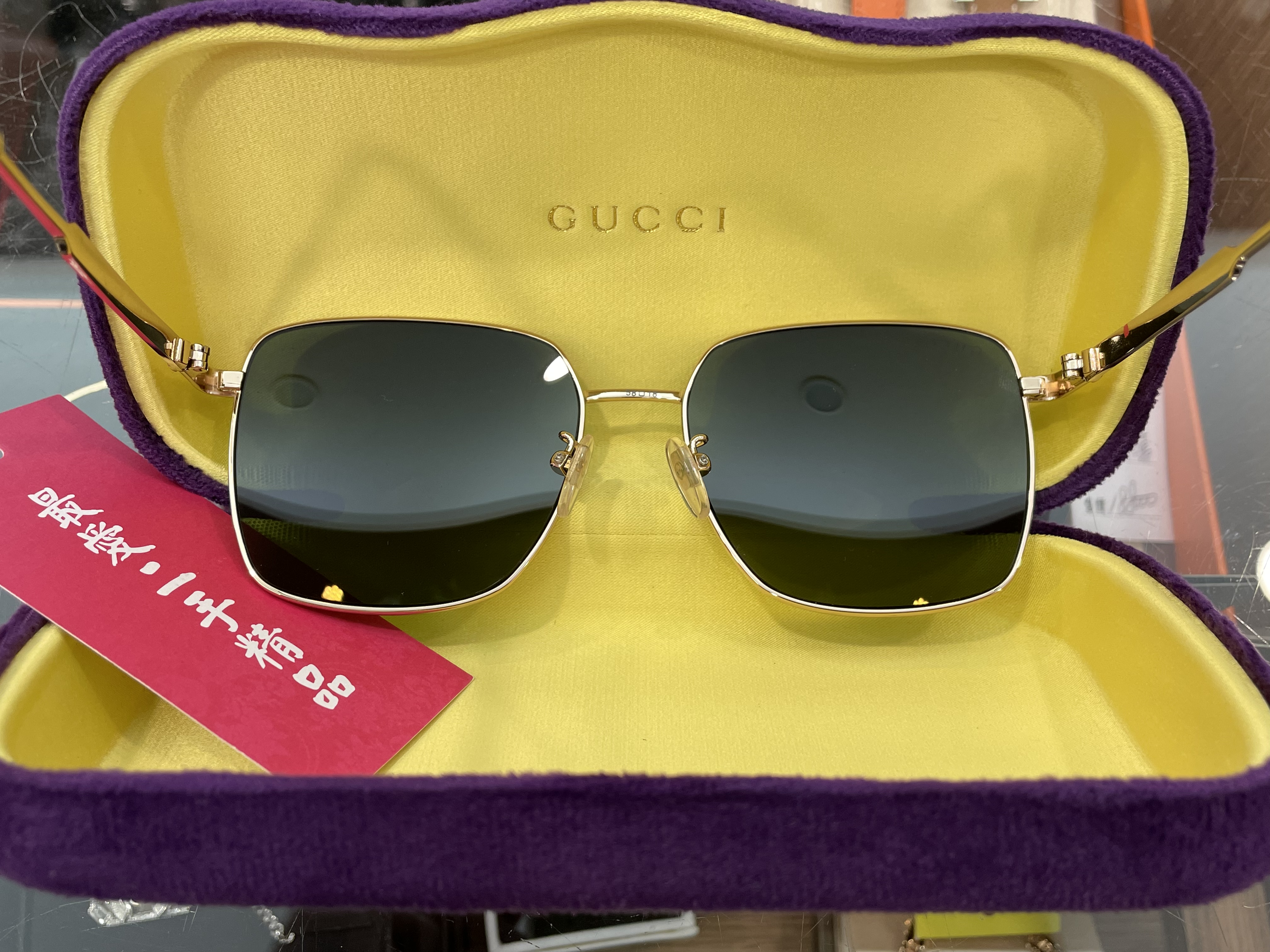 ☆最愛二手精品☆ GUCCI 黑框金框墨綠色鏡片側邊綠紅綠裝飾墨鏡眼鏡