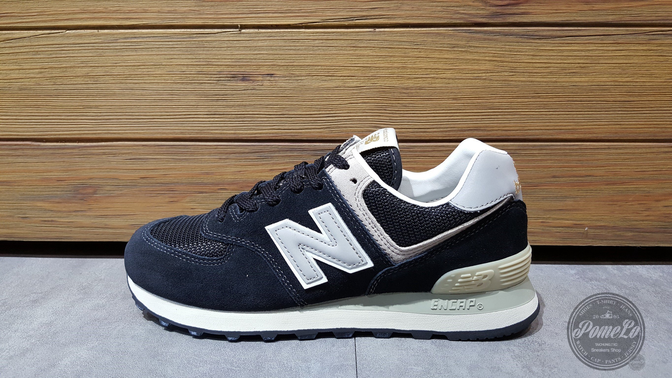 new balance 574 black with pomelo