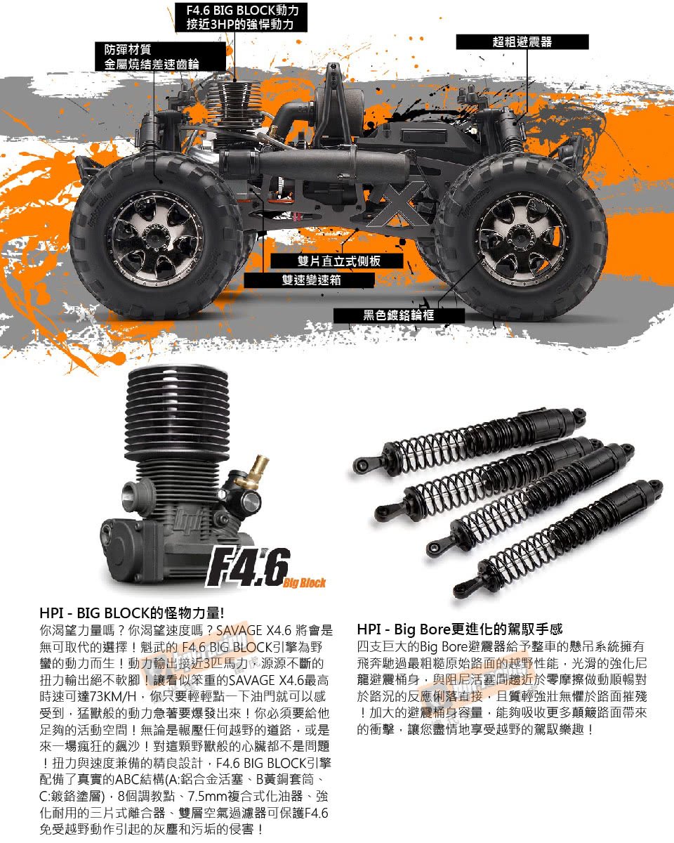 HPI Racing】SAVAGE 大野人X4.6 1/8 4WD燃油動力大腳車6020HP-109083