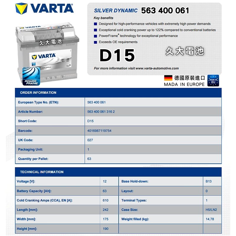 全新德國原裝進口VARTA D15 63ah DIN60