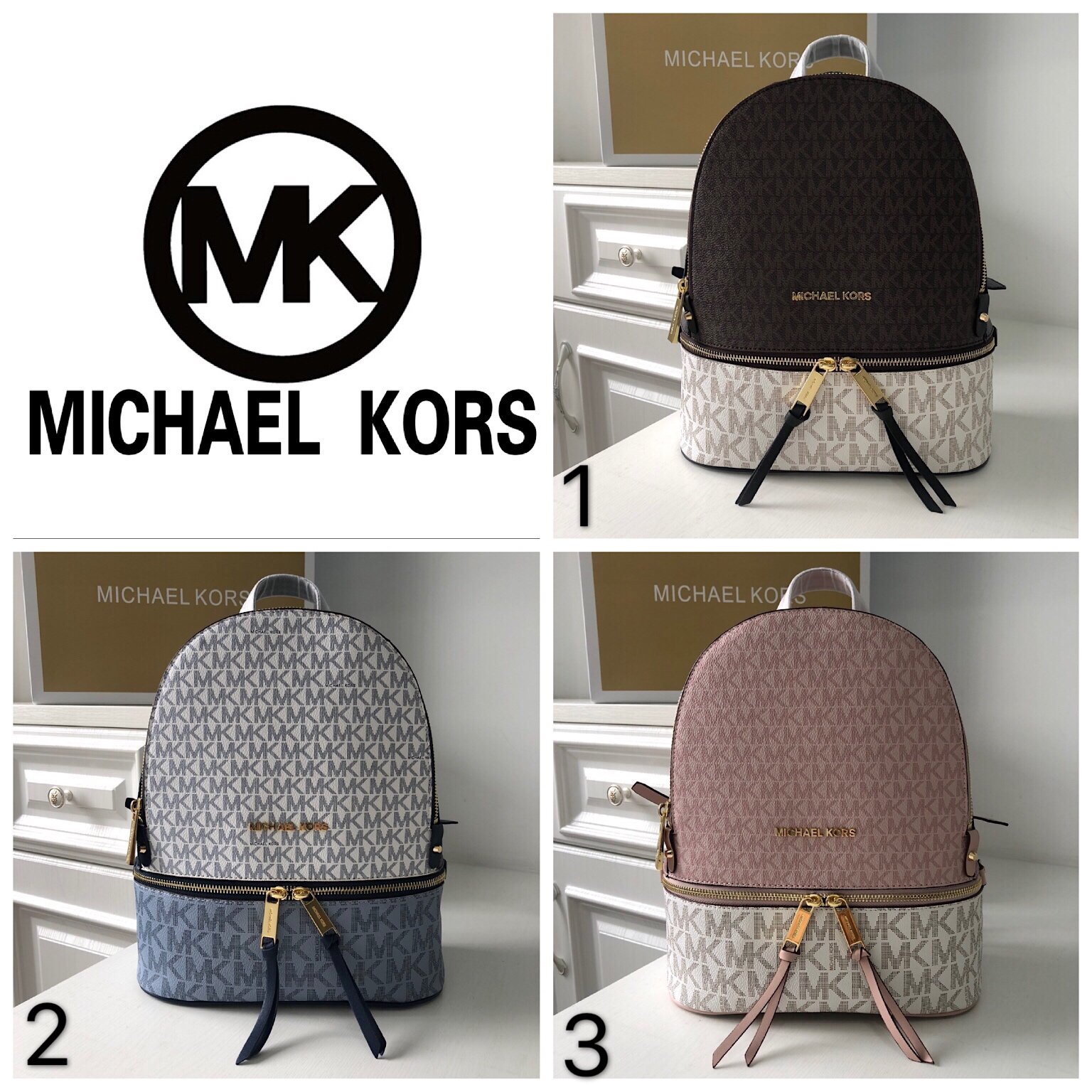 小鹿美國精品代購 Michael Kors MK 新款女士中號雙肩包 後背包 經典老花時尚拼色 大容量 附購証