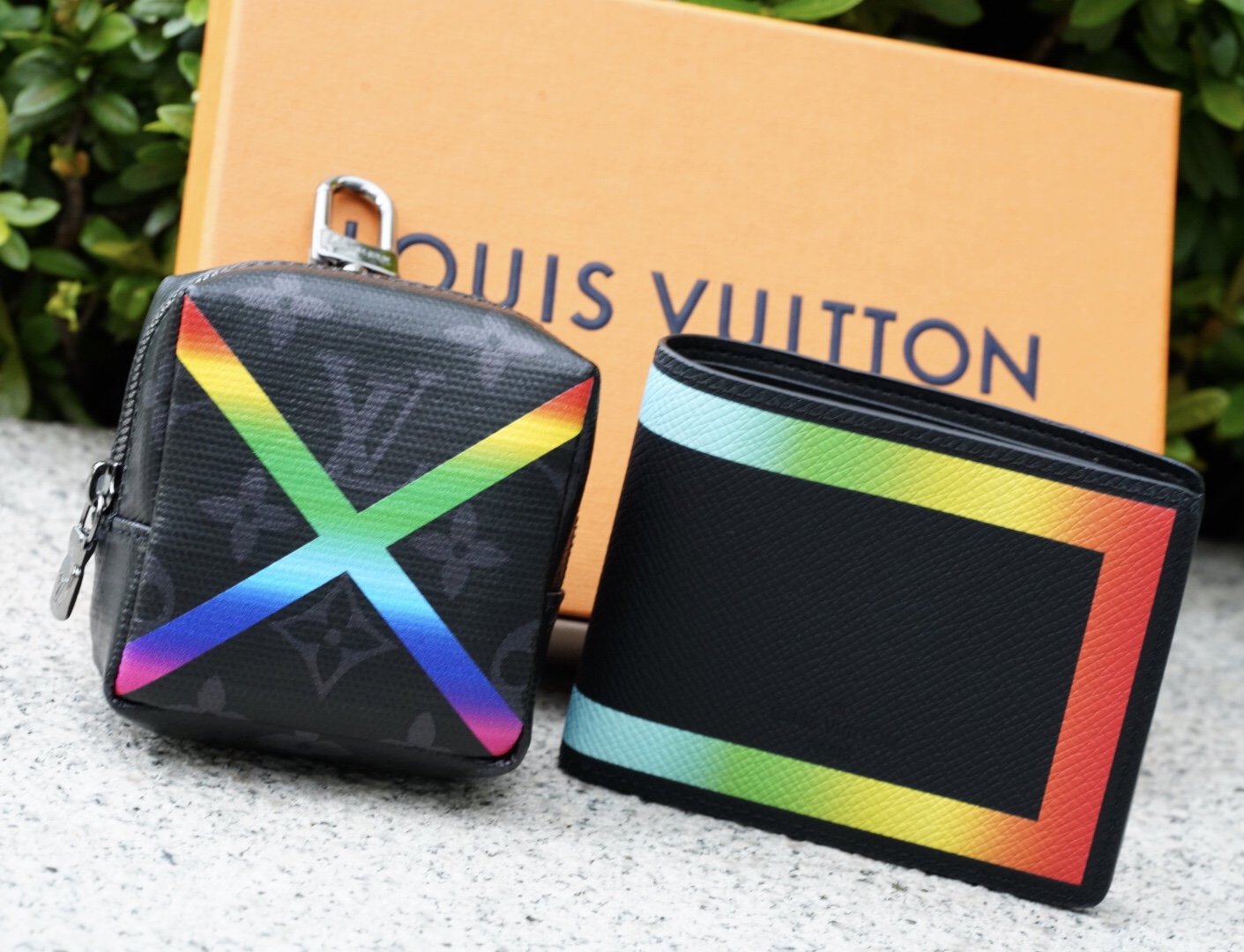 Louis Vuitton Box Pouch Bag Charm Monogram Eclipse Rainbow in