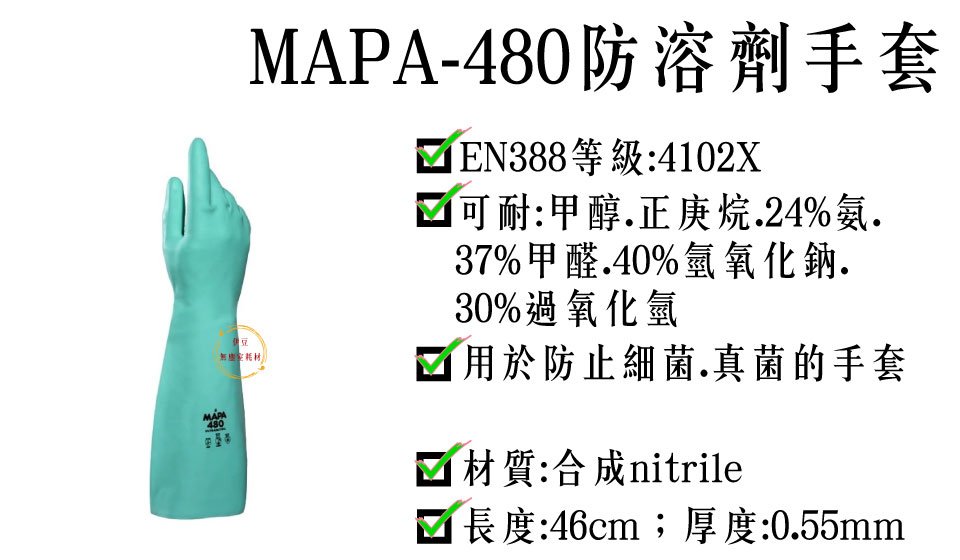 MAPA480防溶劑手套／NBR工作手套／防滑手套／防油手套／防病毒手套【伊豆無塵室耗材】