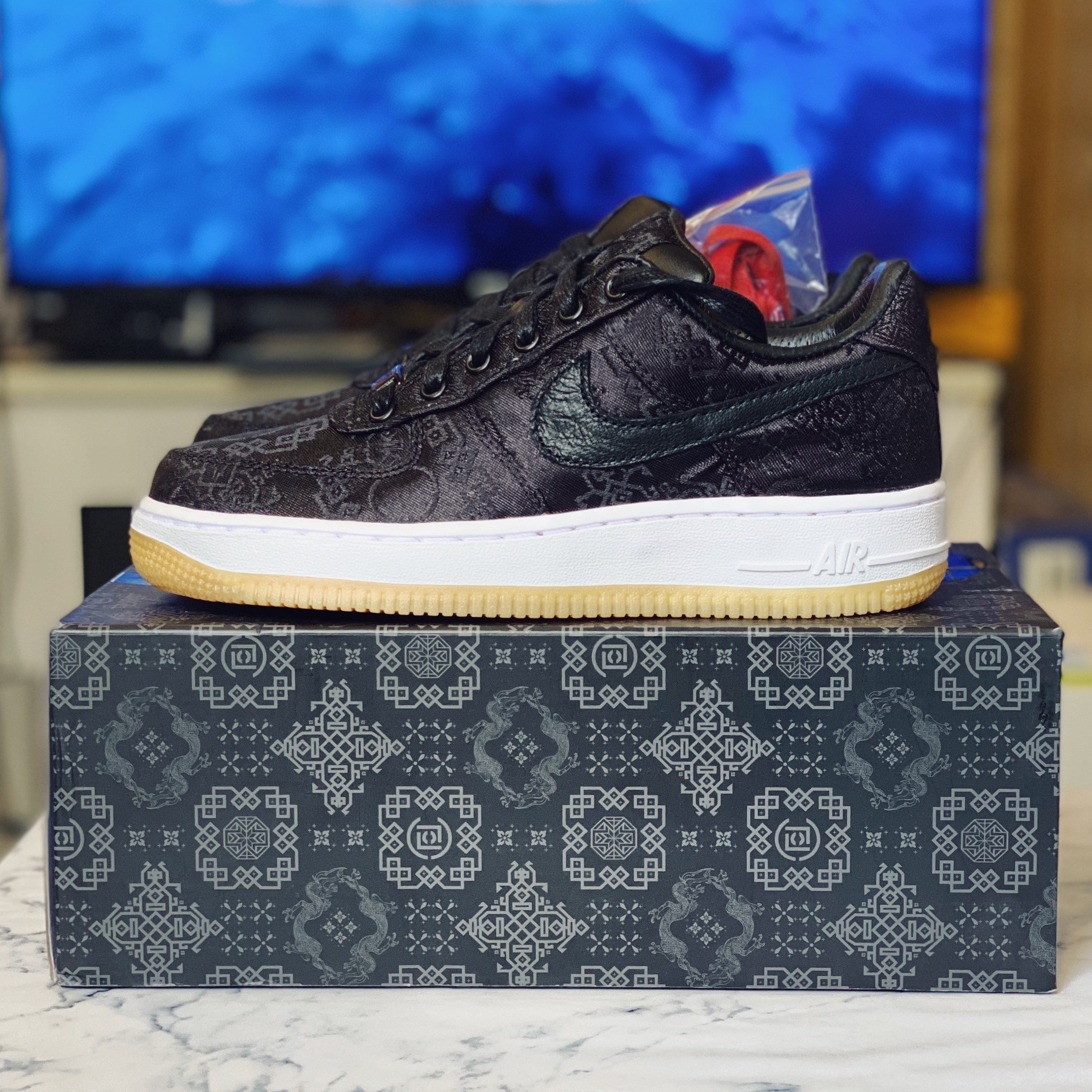 台灣公司貨us4.5 CLOT Fragment Nike Air Force 1 黑絲綢閃電藍絲綢白