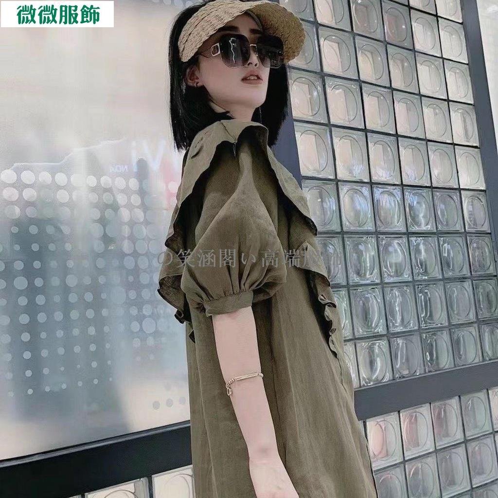 夏裝女2023新款歐貨潮復古風荷葉邊泡泡袖洋裝短袖襯衫裙~微微服飾