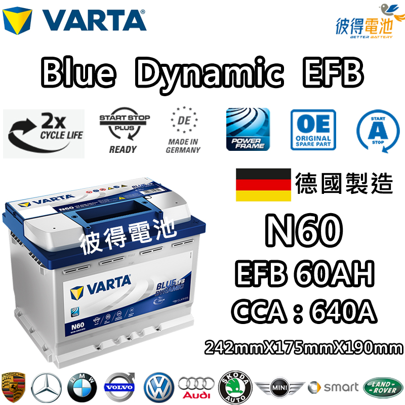 【彼得電池】VARTA華達 N60 EFB 60AH LN2汽車電瓶 怠速熄火車 Start-Stop 德國製造電池