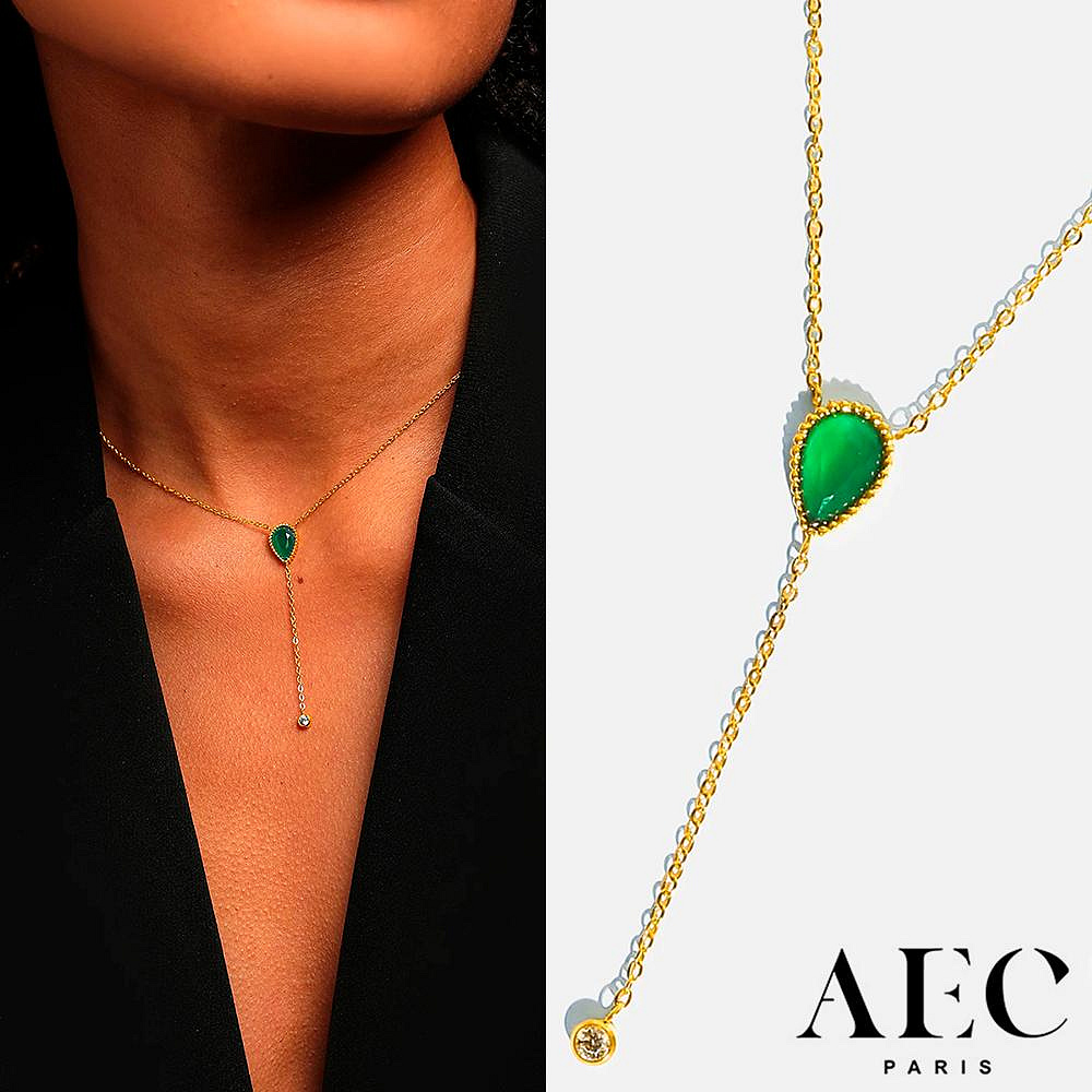 AEC PARIS 巴黎品牌 白鑽綠水晶項鍊 優雅金色Y字鍊 CHAIN NECKLACE ISADORA