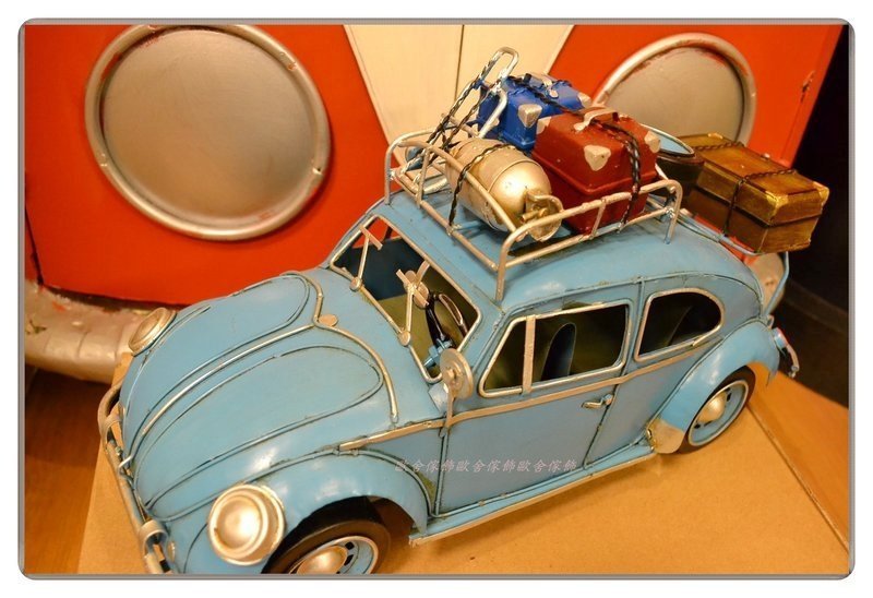 金屬藍色福斯露營車金龜車行李箱 復古手工鐵皮模型schuco舒克老爺車Volkswagen車頂架行李架老件【歐舍家飾】】