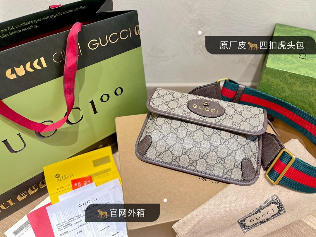 日本二手】四扣掛鉤款官網外箱全套證書質量超好～Gucci 虎頭腰包挎包vc