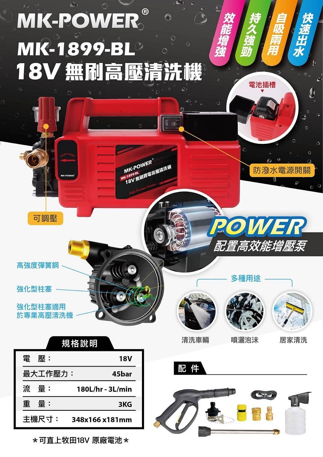 ~金光興修繕屋~MK POWER MK-1899-BL 18V 無刷高壓清洗機 清洗機 洗車機 調壓 通用牧田18V電池