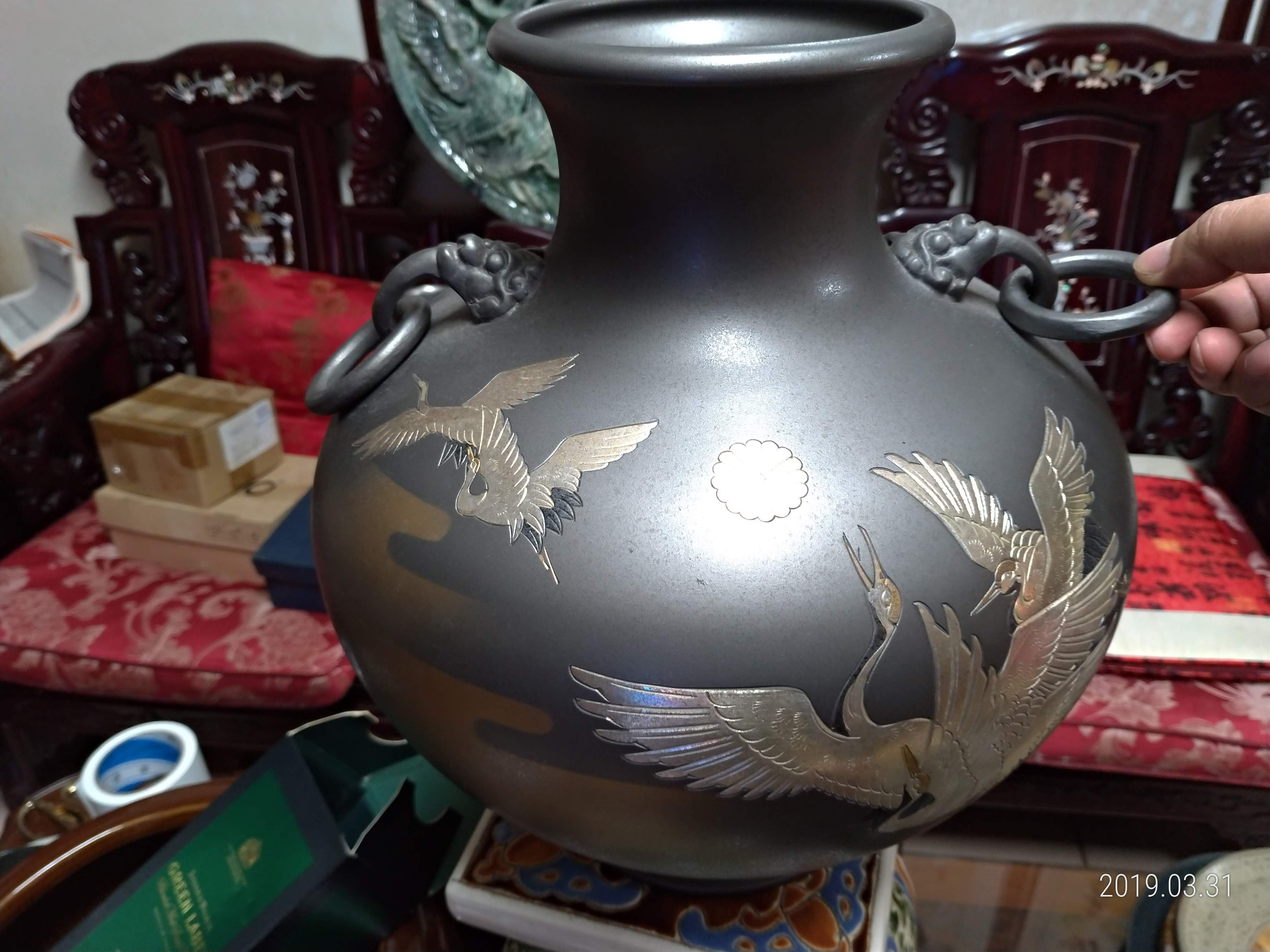 古董收藏古玩藝品/日本高岡銅器名家真峰作鶴青銅花瓶(日本花瓶器.花器