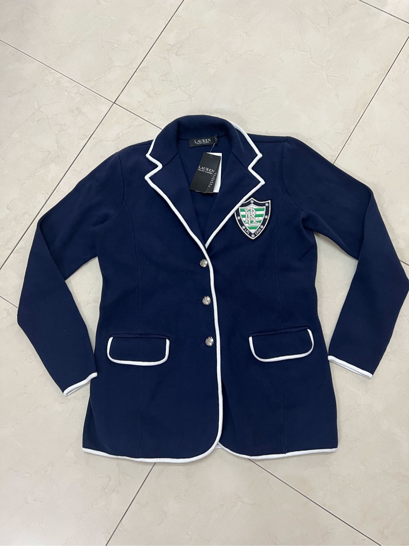 全新正品POLO RALPH LAUREN RL 黑標女大人藍色棉西裝外套M 美國學院