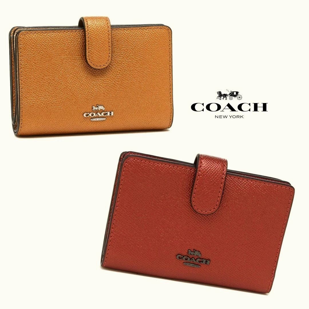 Coach ► ( 棕黃色×裸米色×金屬銀色 / 紅色×金屬銀鎳色 ) 防刮壓紋 真皮兩摺中短夾 皮夾 錢包 可放照片｜100%全新正品｜特價!