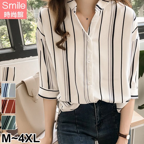【V3540】SMILE-輕尚恬氛．撞色直條紋七分袖襯衫