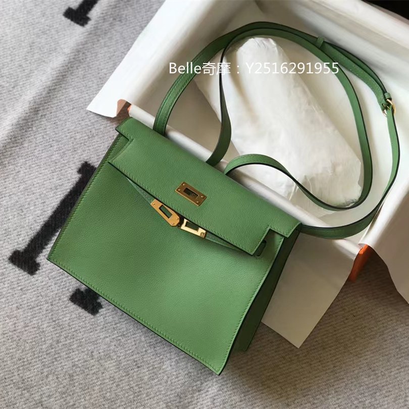 二手正品 Hermes 愛馬仕 Kelly Danse 22CM 牛油果綠金扣 evercolor 單肩斜挎包 後背包