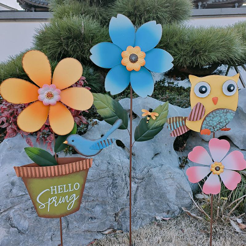 鐵藝太陽花旋轉風車戶外花園庭院園藝貓頭鷹風轉插件金屬工藝擺件