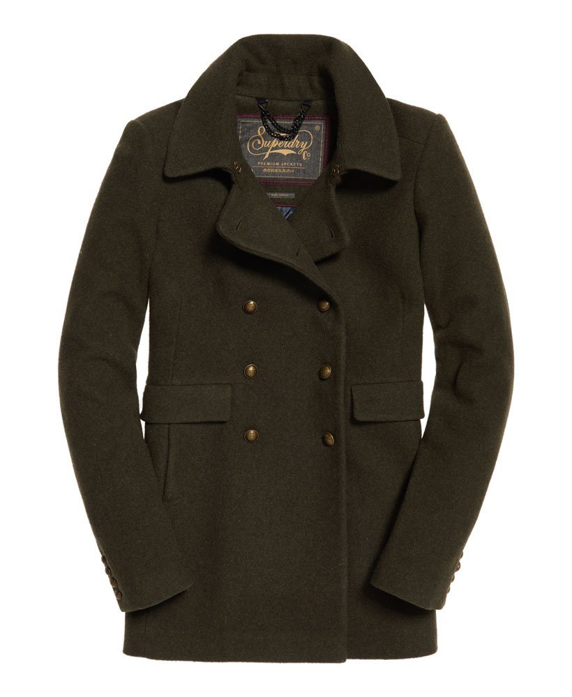 跩狗嚴選 極度乾燥 Superdry Pea Coat 女款 卡其 軍綠 經典軍裝 雙排扣 翻領大衣 中長版 羊毛外套