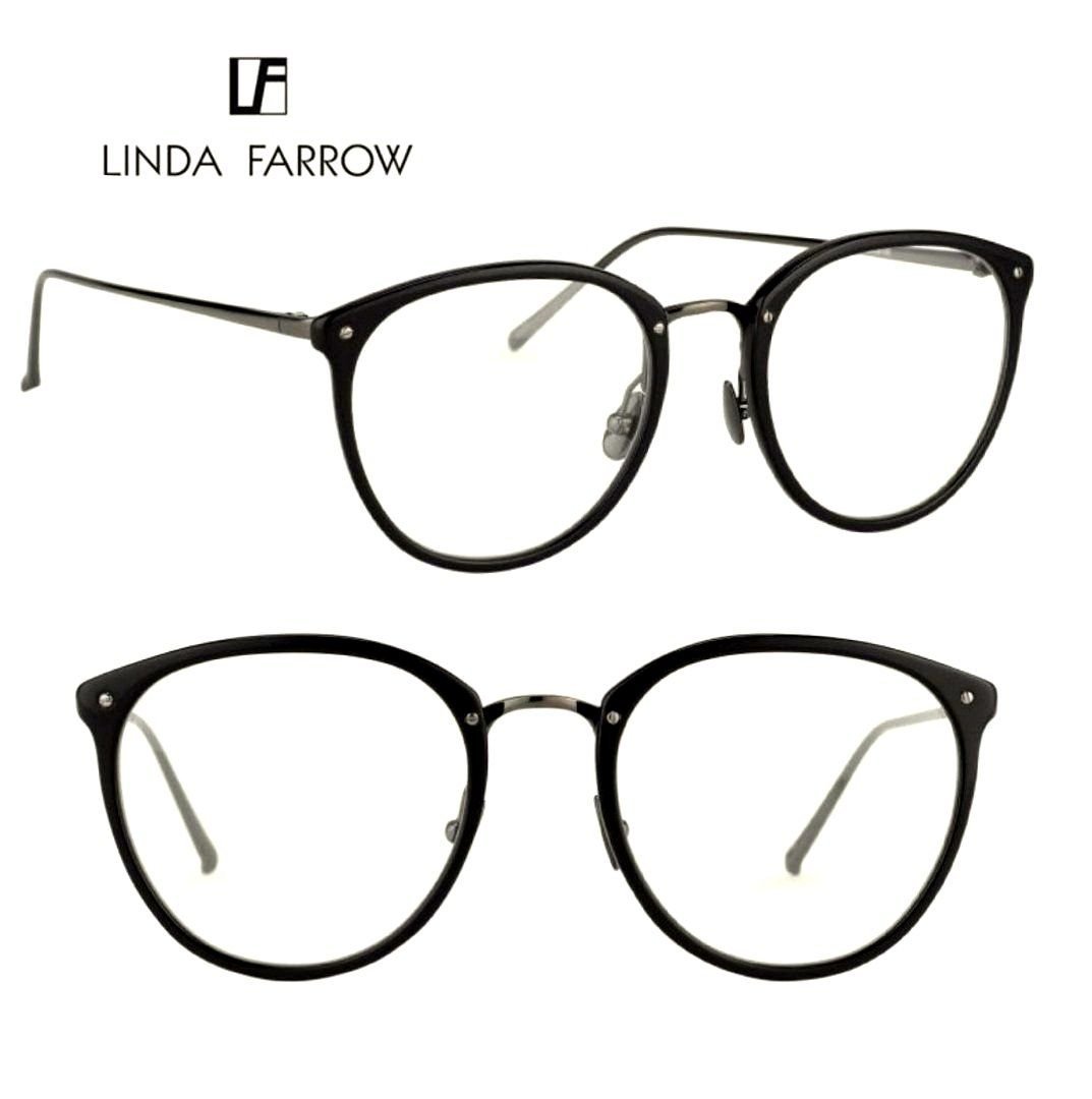 LINDA FARROW▻ ( 黑色框×金屬深銀鎳色) 18K鍍鈦金屬貓眼框型眼鏡光學