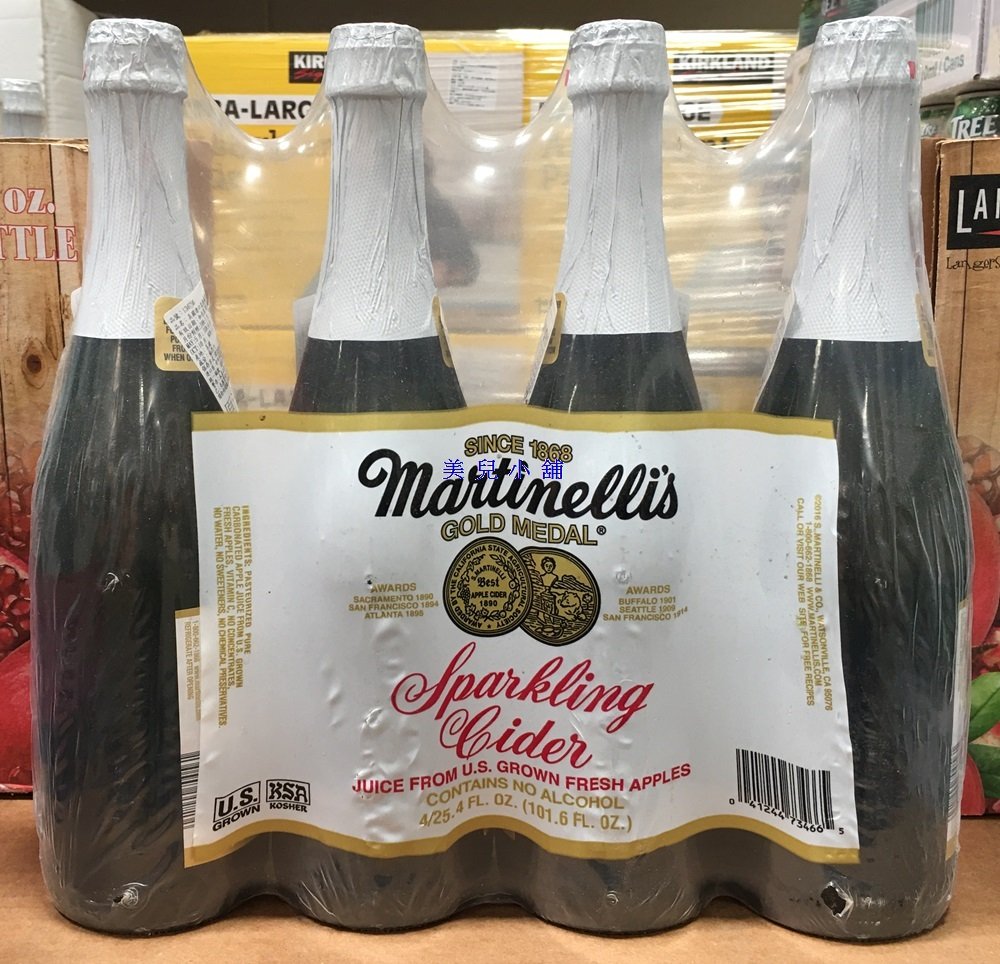 美兒小舖costco好市多代購 Martinelli S 美國進口氣泡蘋果汁 750mlx4罐 玻璃瓶 Yahoo奇摩拍賣