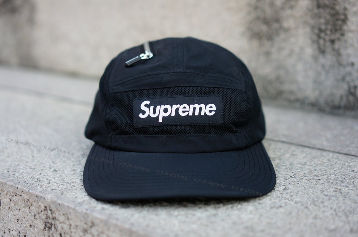 K.F.M 】SUPREME 20FW ZIP MESH CAMP CAP 經典貼布BOX LOGO 黑色五分割