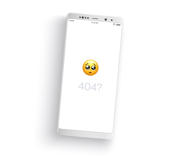 404 Error image of a blank phone with a sad face