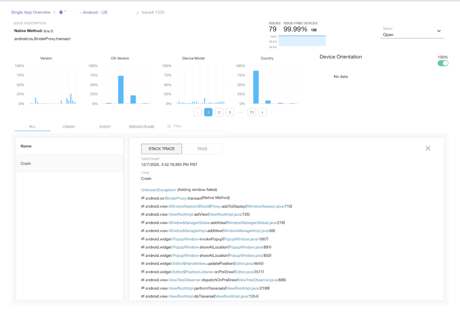 With basic setup complete on iOS or Android, the Flurry Dashboard will be reporting on all the crashes in your app.