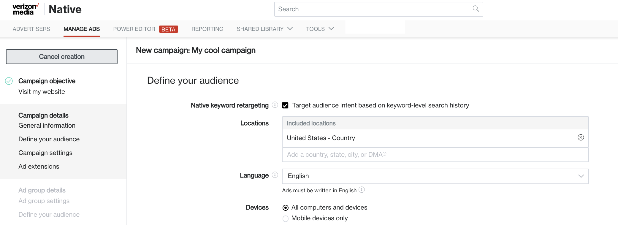 native keyword retargeting user interface