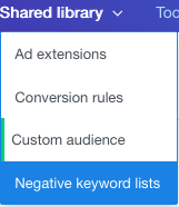 negative keyword lists menu item