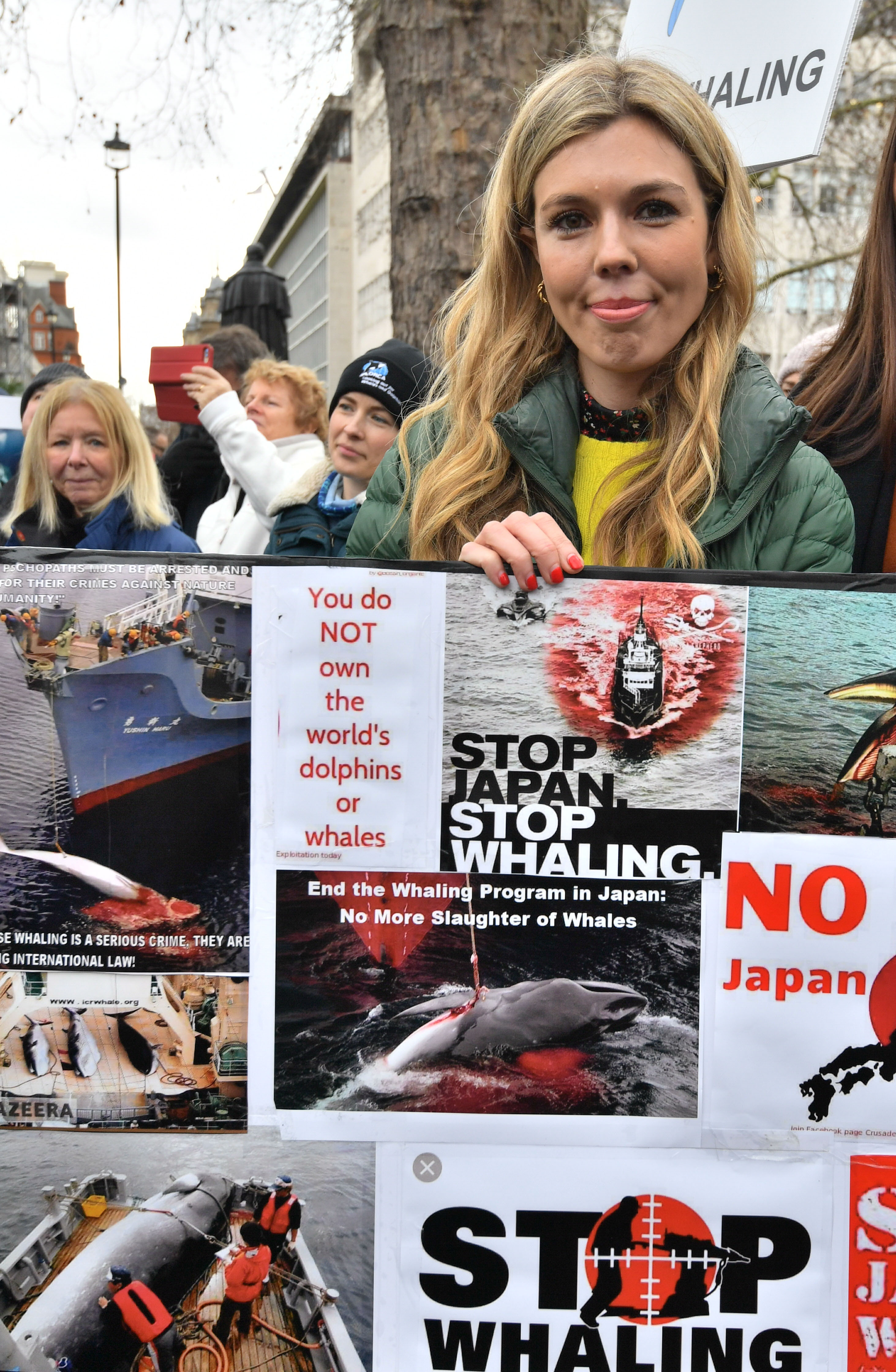 Activist Carrie Symonds takes part in an anti-whaling protest outside the Japanese Embassy in central London.