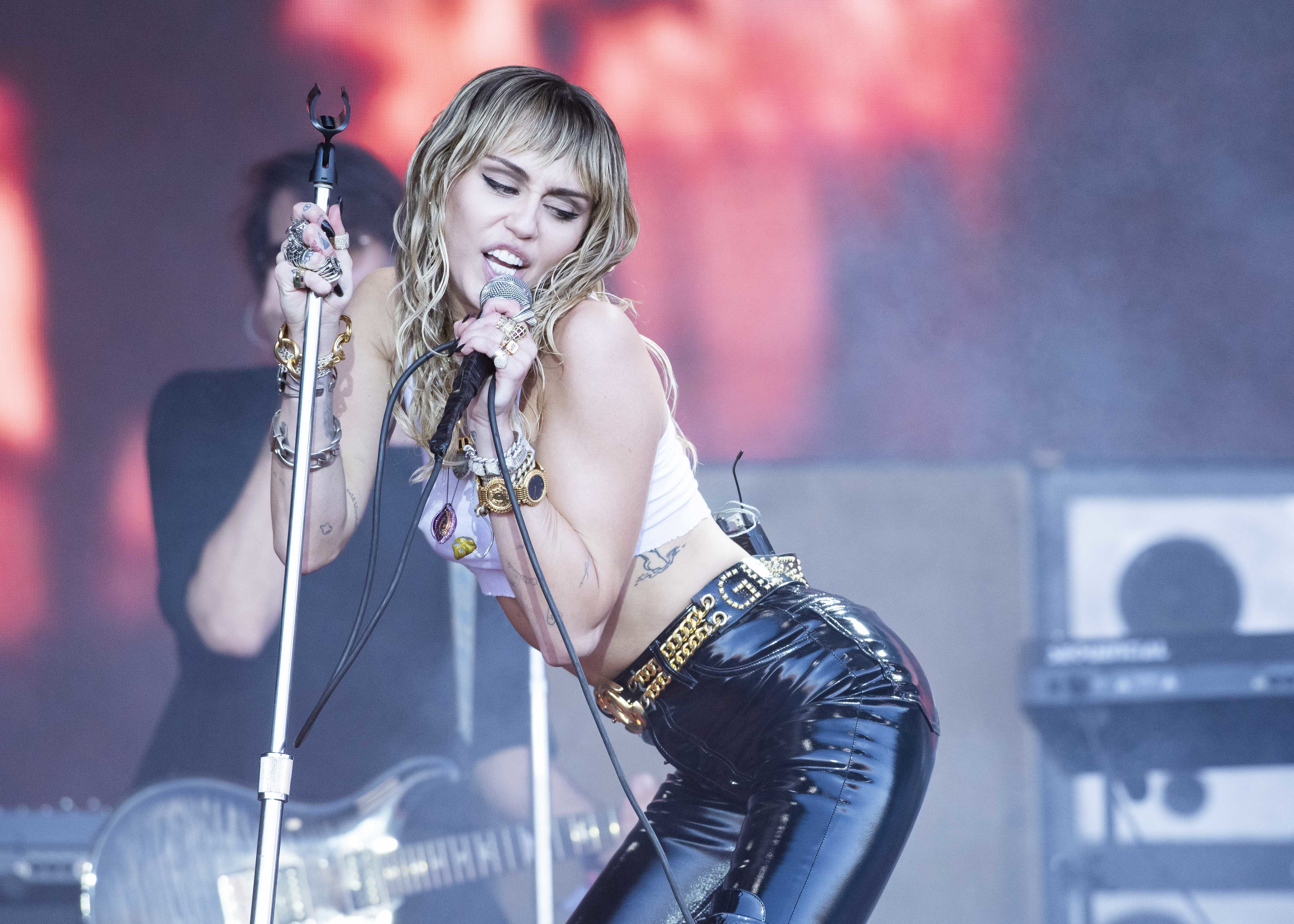 Miley Cyrus performs live on the Pyramid Stage at Worthy Farm, Pilton, Somerset. Picture date: Sunday 30th June 2019.  Photo credit should read:  David Jensen/EMPICS Entertainment