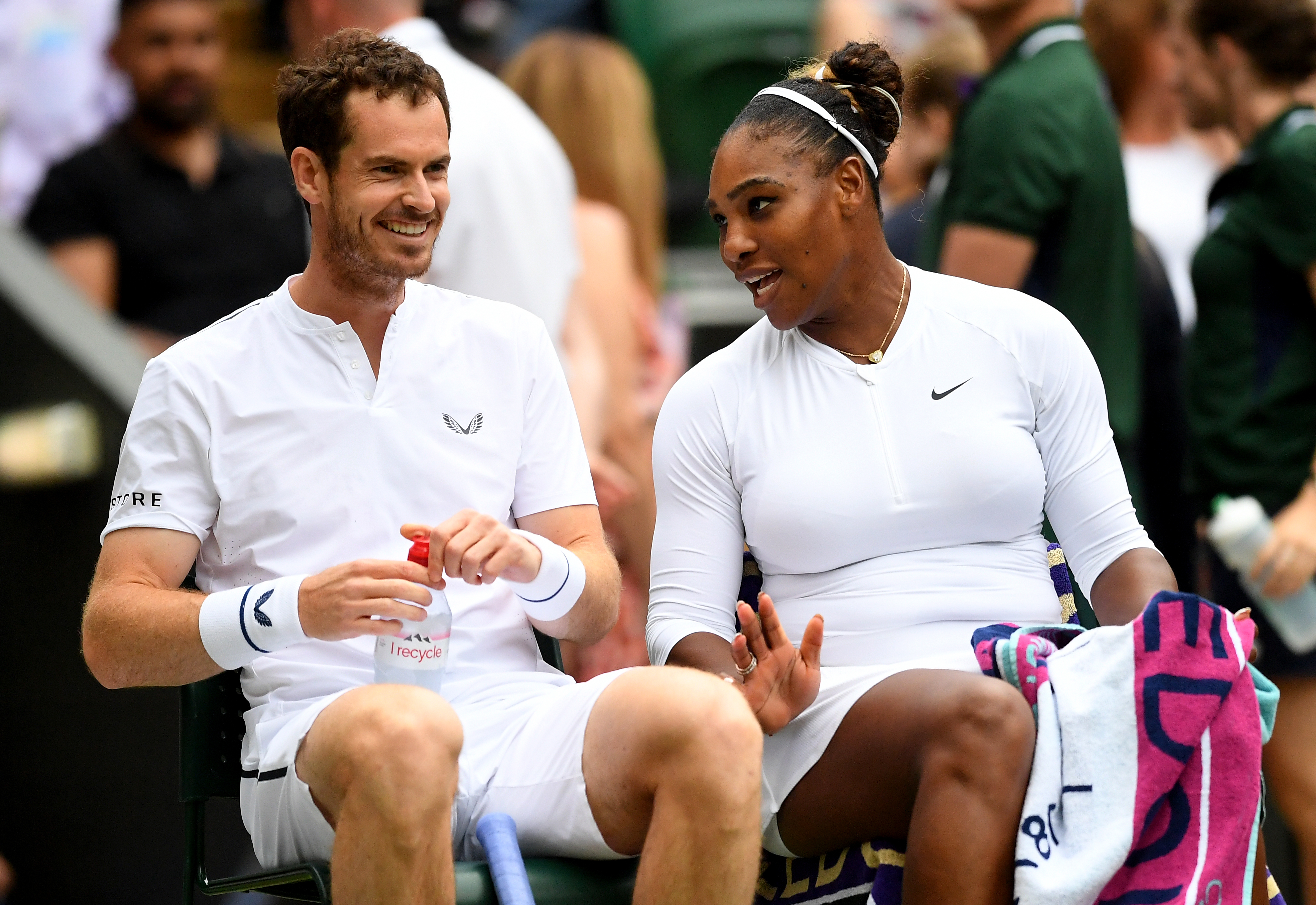 Andy Murray and Serena Williams during their mixed doubles match on day eight of the Wimbledon Championships at the All England Lawn Tennis and Croquet Club, Wimbledon.