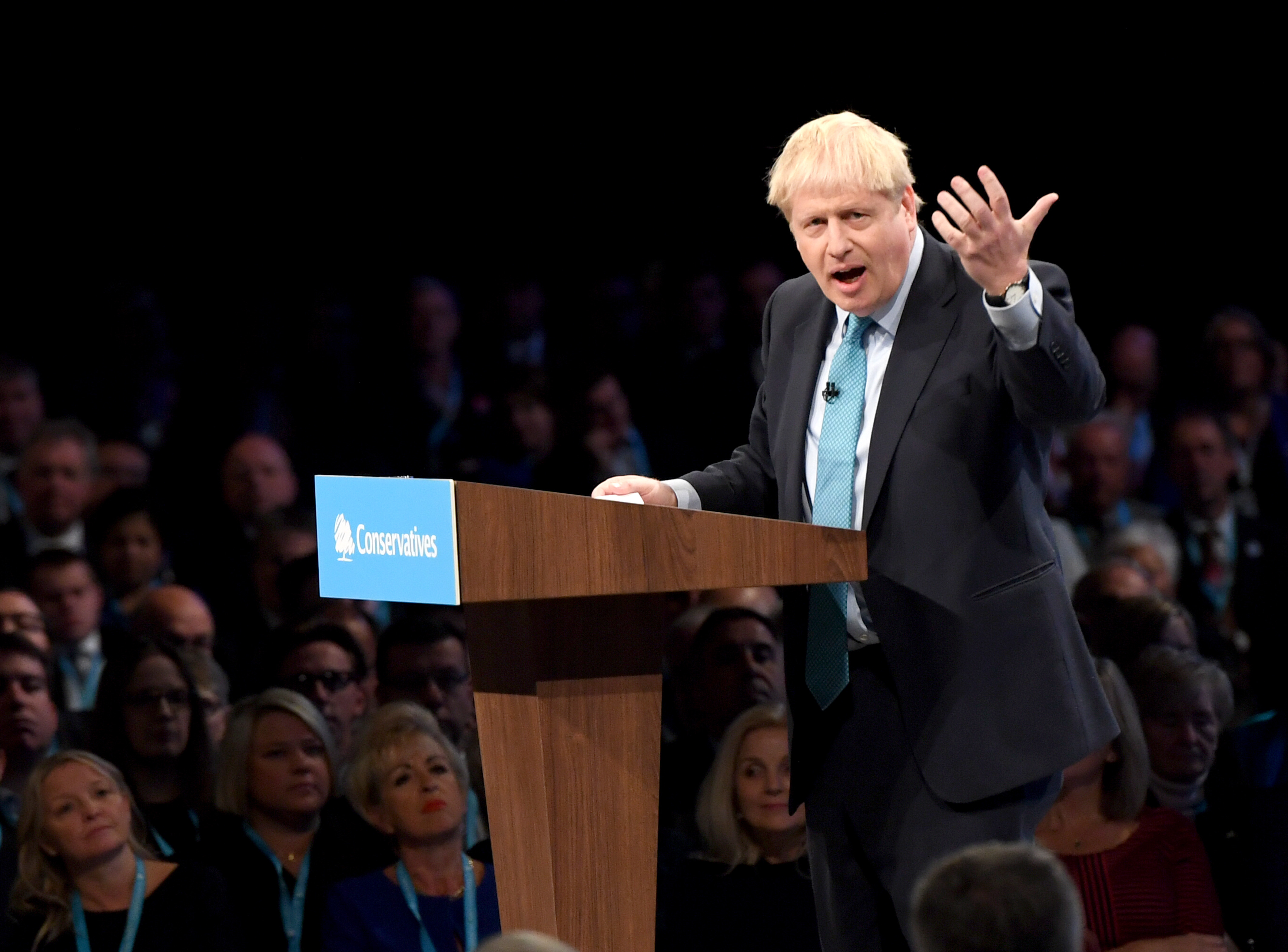 Prime Minister Boris Johnson delivers his speech during the Conservative Party Conference at the Manchester Convention Centre. (Photo by Stefan Rousseau/PA Images via Getty Images)