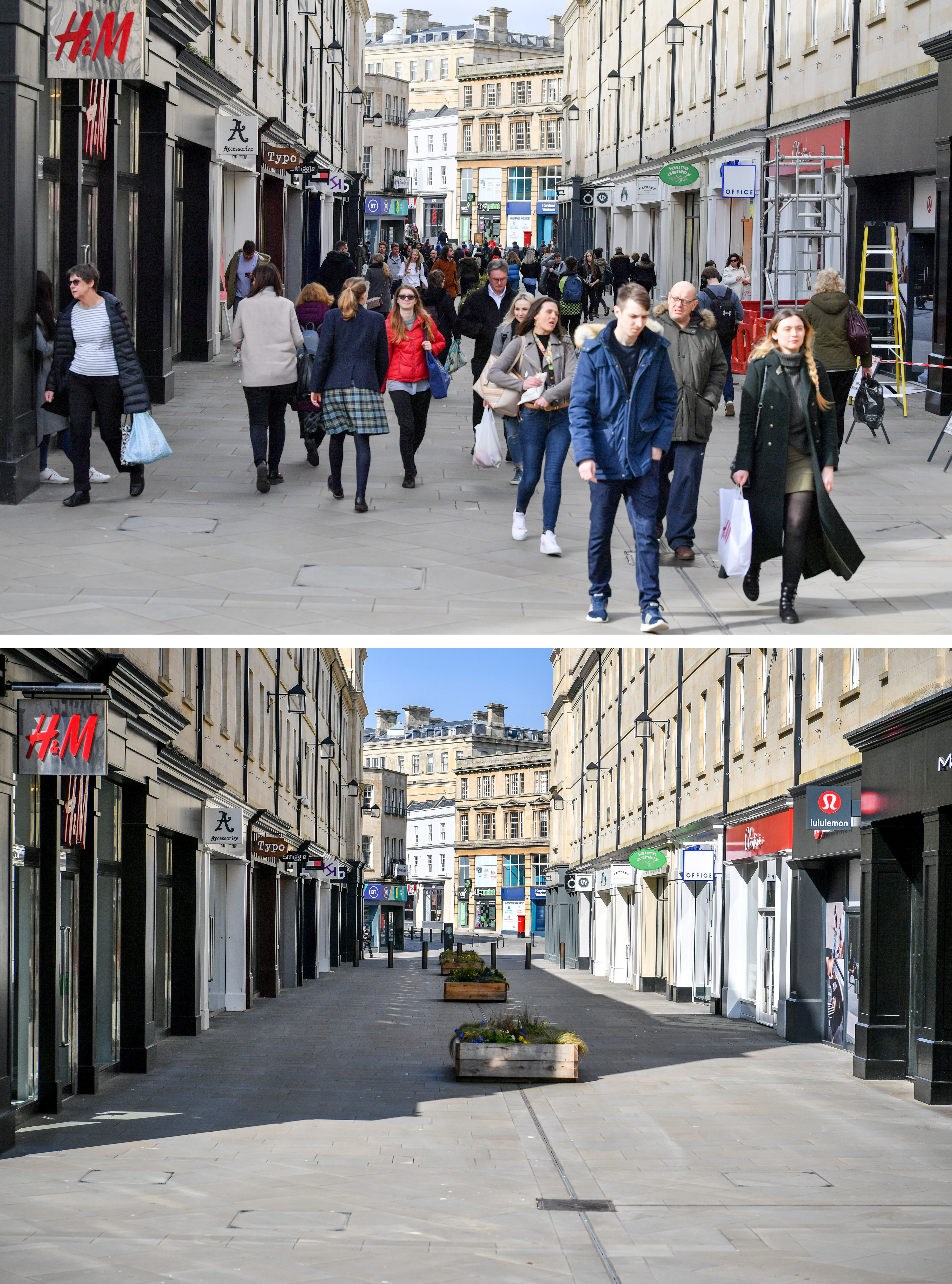 A composite image of the streets in the centre of Bath busy with visitors and shoppers on 11/03/20 (top) and the empty streets on Tuesday 24/03/20 the day after Prime Minister Boris Johnson put the UK in lockdown to help curb the spread of the coronavirus.