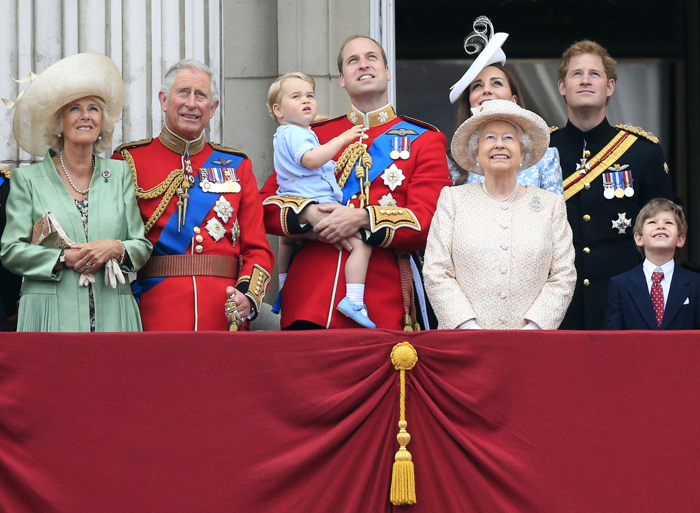 File photo dated 13/6/2015 of the Duchess of Cornwall, the Prince of Wales, Prince George, the Duke and Duchess of Cambridge, Queen Elizabeth II, Prince Harry, James Viscount Severn on the balcony at Buckingham Palace following Trooping the Colour at Horse Guards Parade, London.