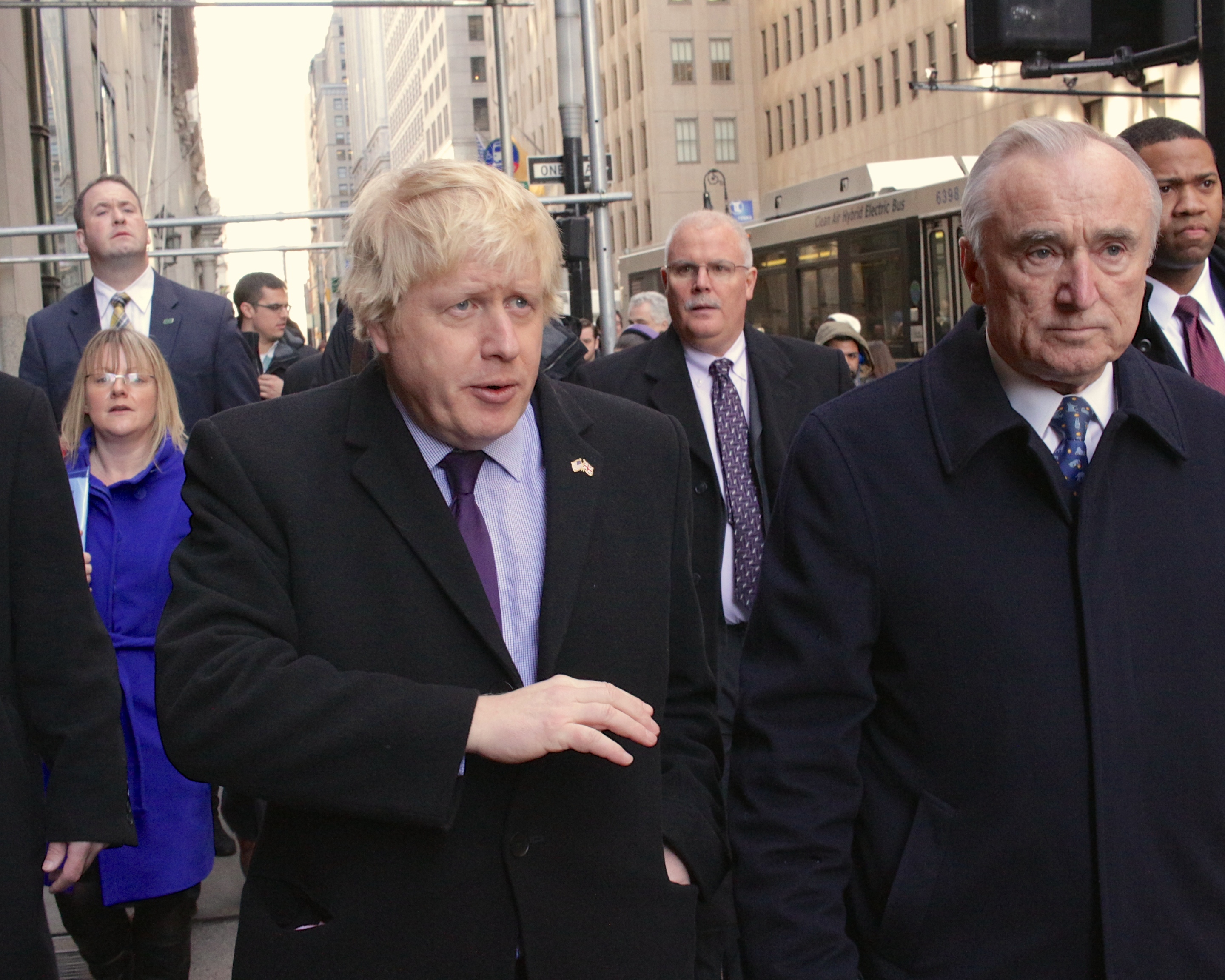 London Mayor Boris Johnson meets with Police Commissioner William Bratton at the NYPD's Lower Manhattan Security Initiative in New York City, on February 11, 2015. "We just had an extraordinary presentation on data collection of surveillance cameras and we are looking at New York as a leader in making that data work for us," Mayor Johnson said at a news conference on Wednesday. (Photo by John M. Mantel) *** Please Use Credit from Credit Field ***