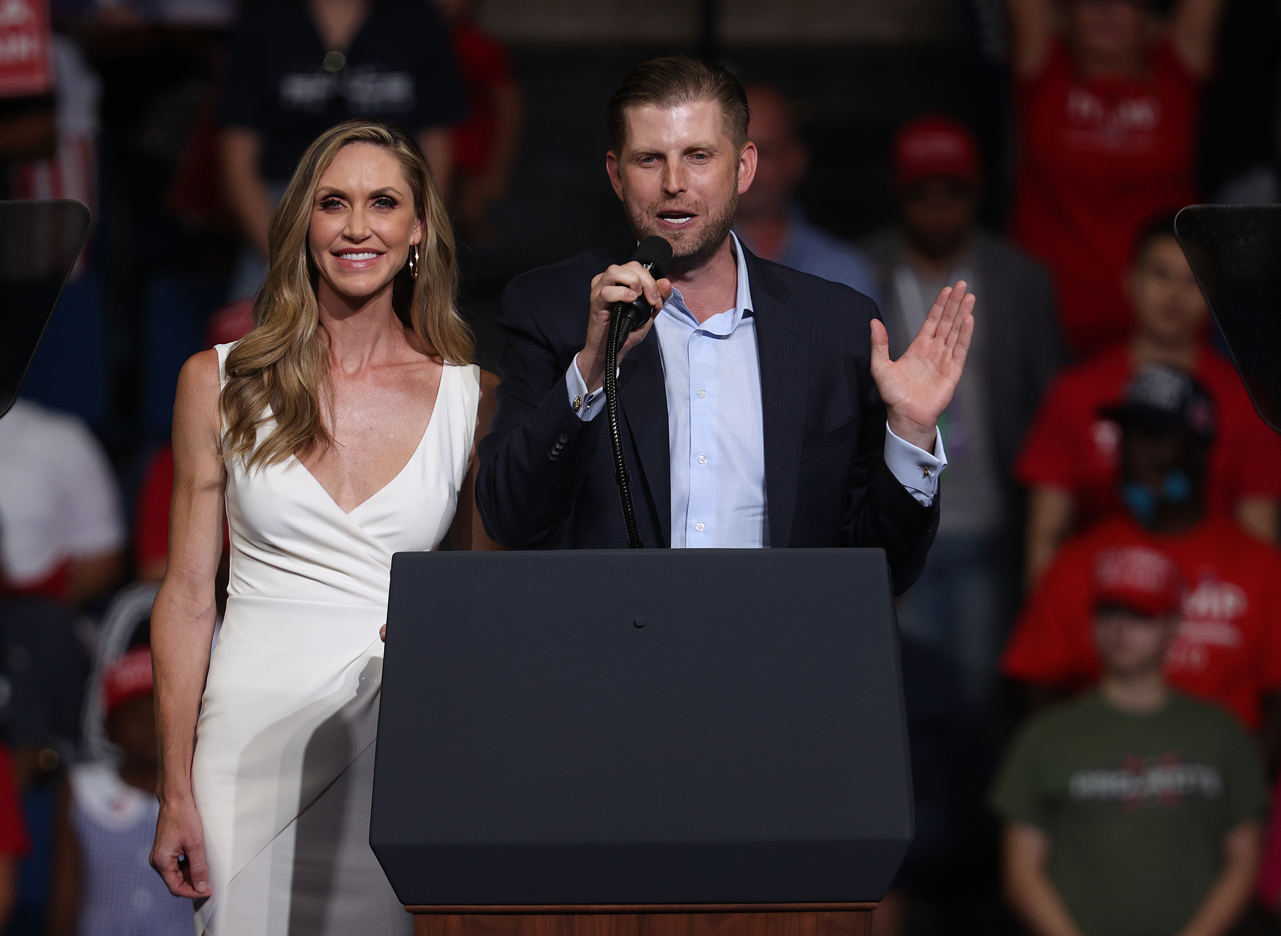 TULSA, OKLAHOMA - JUNE 20: Eric Trump and his wife Lara Trump address the crowd gathered at a campaign rally for U.S. President Donald Trump at the BOK Center, June 20, 2020 in Tulsa, Oklahoma. Trump is holding his first political rally since the start of the coronavirus pandemic at the BOK Center on Saturday while infection rates in the state of Oklahoma continue to rise. (Photo by Win McNamee/Getty Images)