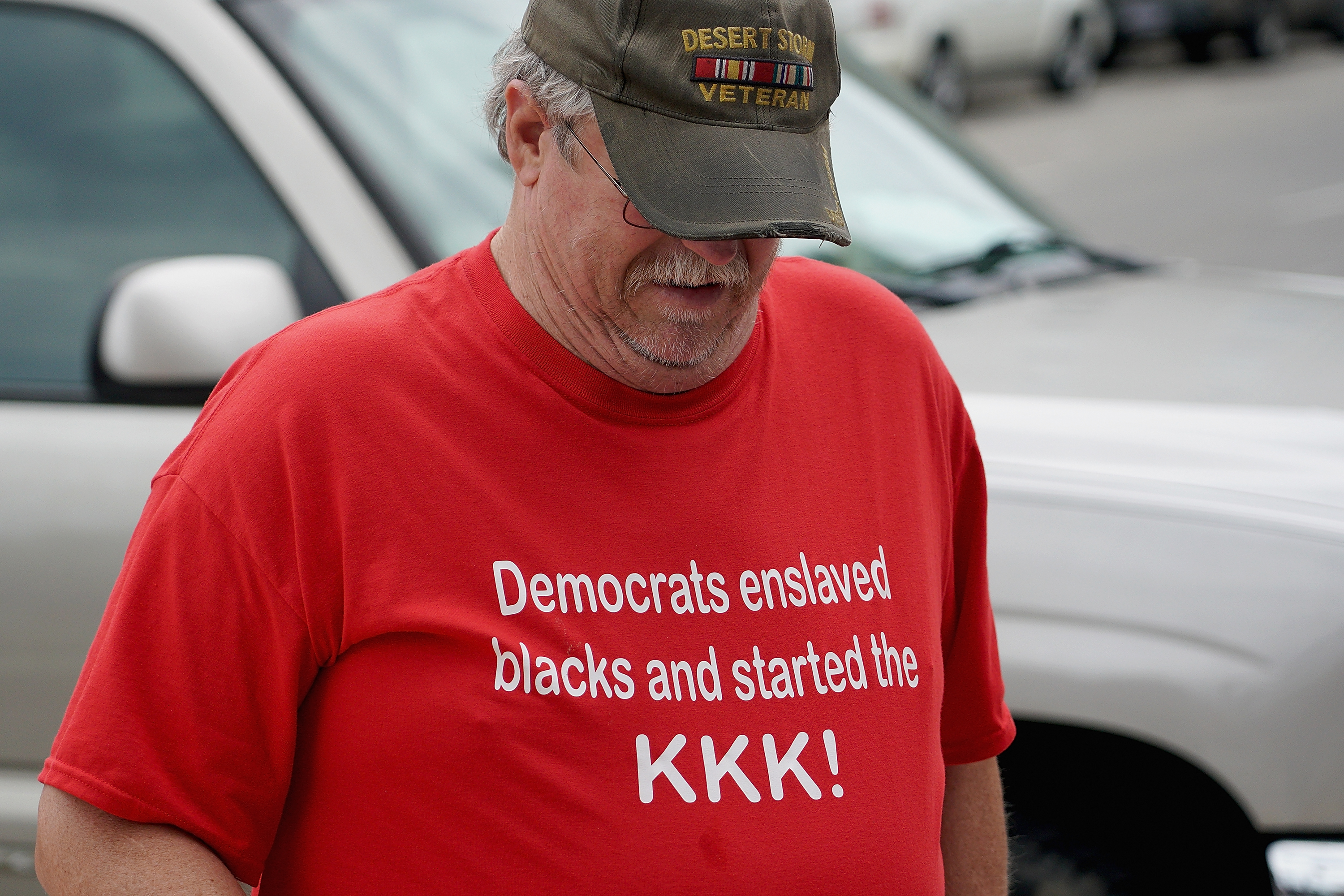 TULSA, OK - JUNE 20: A Pro-conservative supporter displays a message on his shirt prior to a campaign rally for President Donald Trump at the BOK Center on June 20, 2020 in Tulsa, Oklahoma. Trump is scheduled to hold his first political rally since the start of the coronavirus pandemic at the BOK Center on Saturday while infection rates in the state of Oklahoma continue to rise. (Photo by Michael B. Thomas/Getty Images)