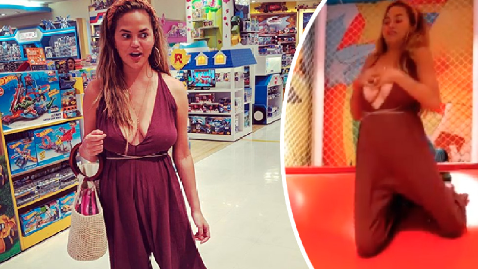 Braless Chrissy Teigen near nip-slip as she joins Candice