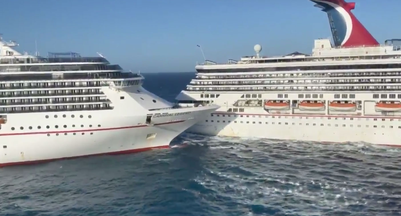 Two cruise liners with thousands of passengers each collide in rough sea