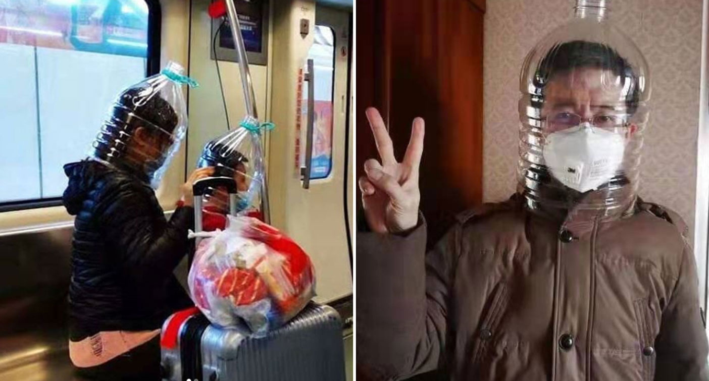 Coronavirus outbreak People wear plastic bottles on heads