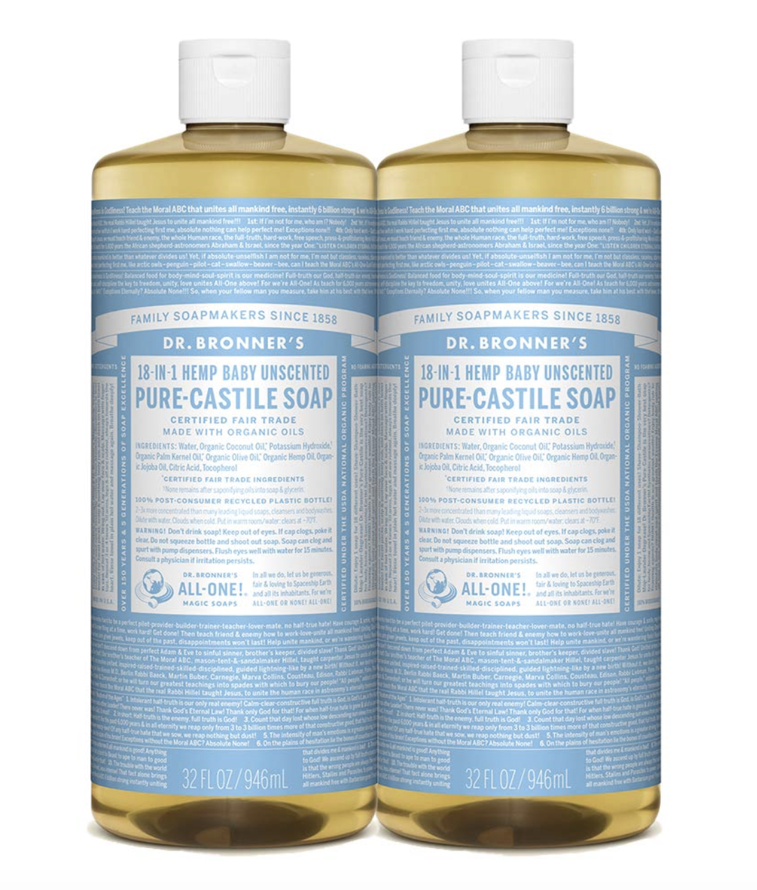 Dr. Bronner's Pure-Castile Liquid Soap (Baby Unscented), Pack of 2