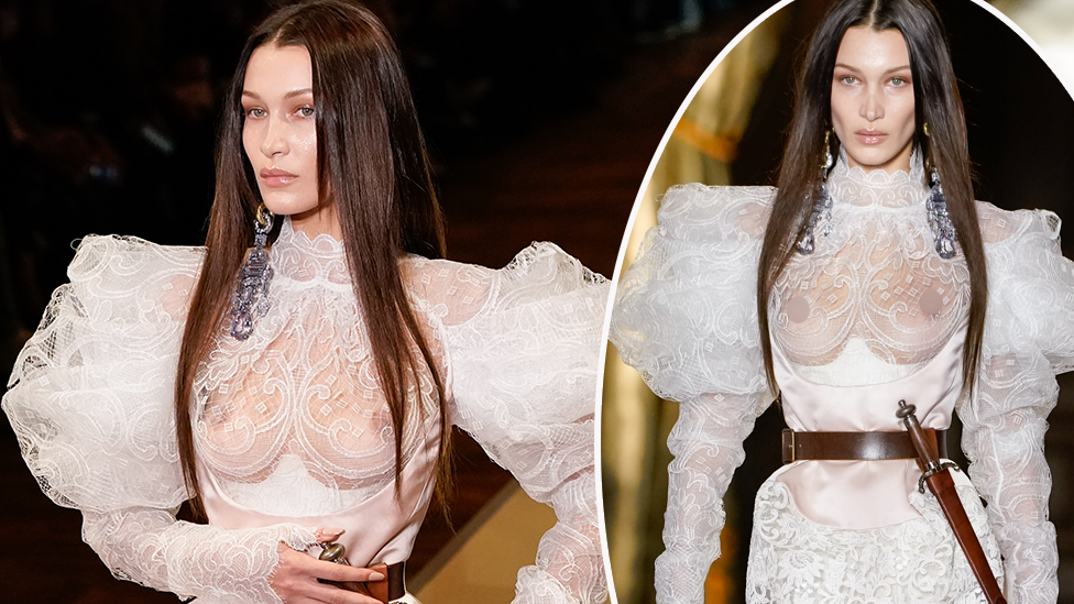 Bella Hadid Wears Sheer Dress with a Dagger for Vivienne