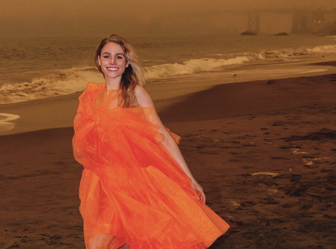 an orange dress