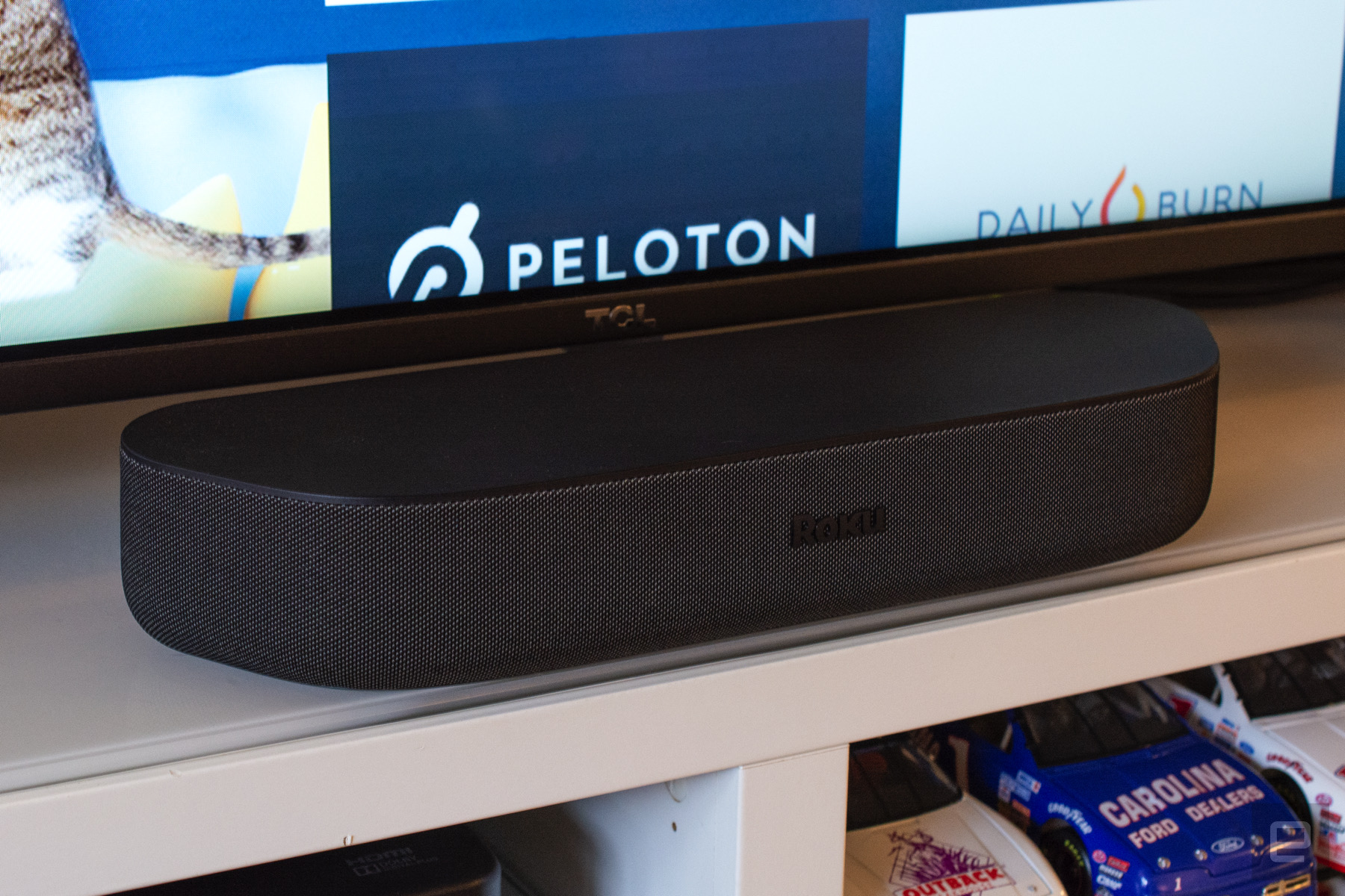 Roku Streambar soundbar on a white table.