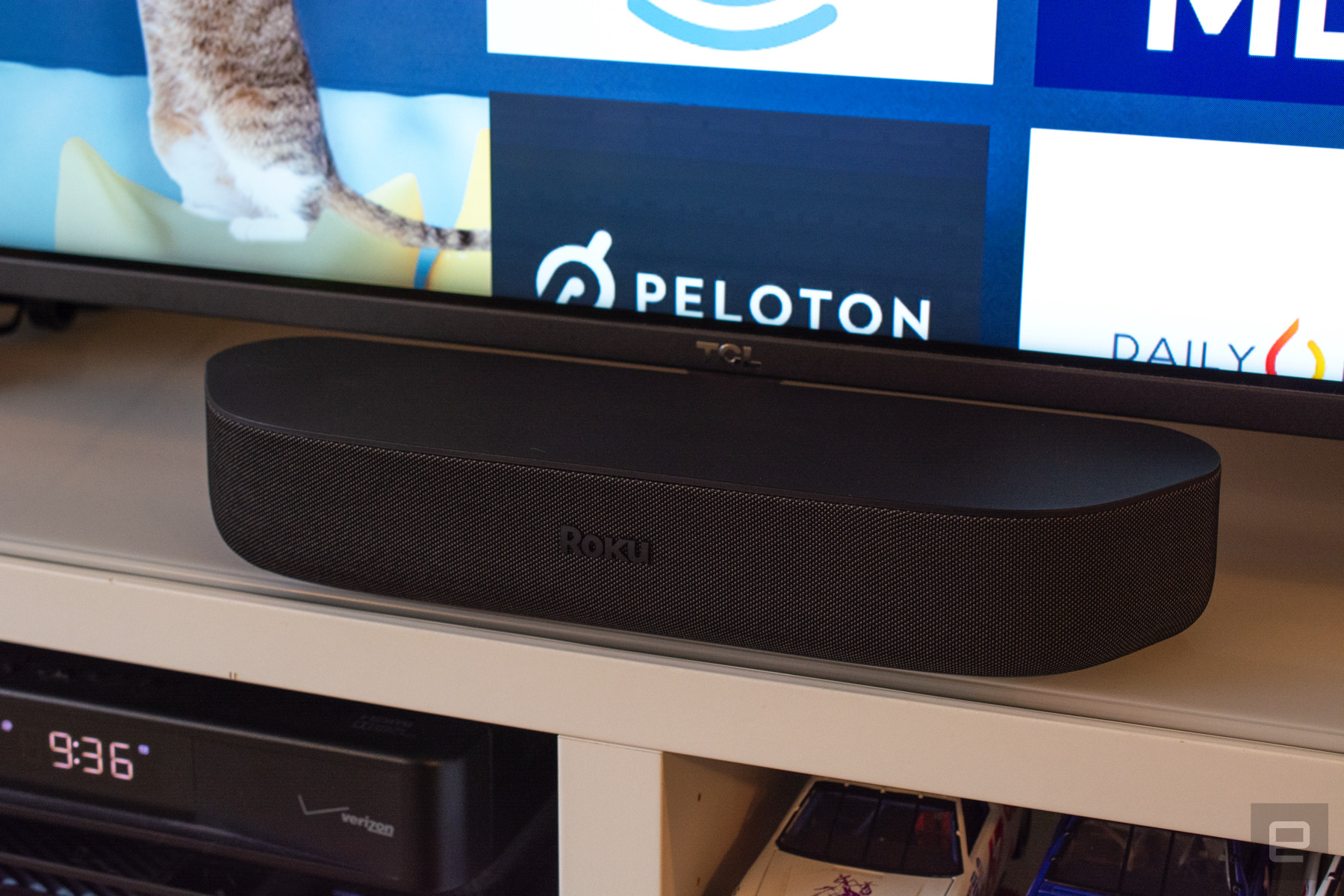 Roku Streambar soundbar on a white table.