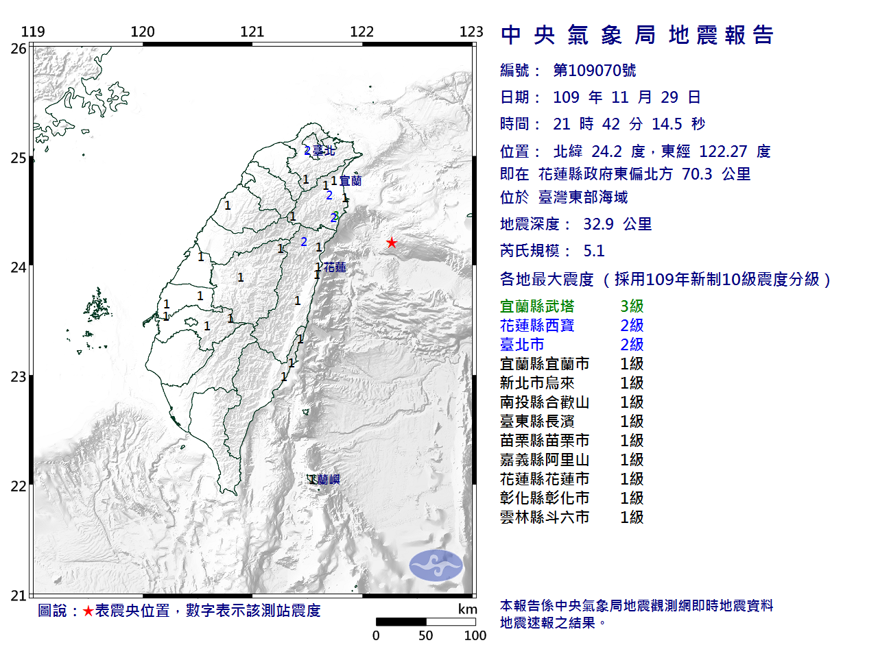 21 42 東部海域規模5 1地震最大震度宜蘭3級 台北市2級