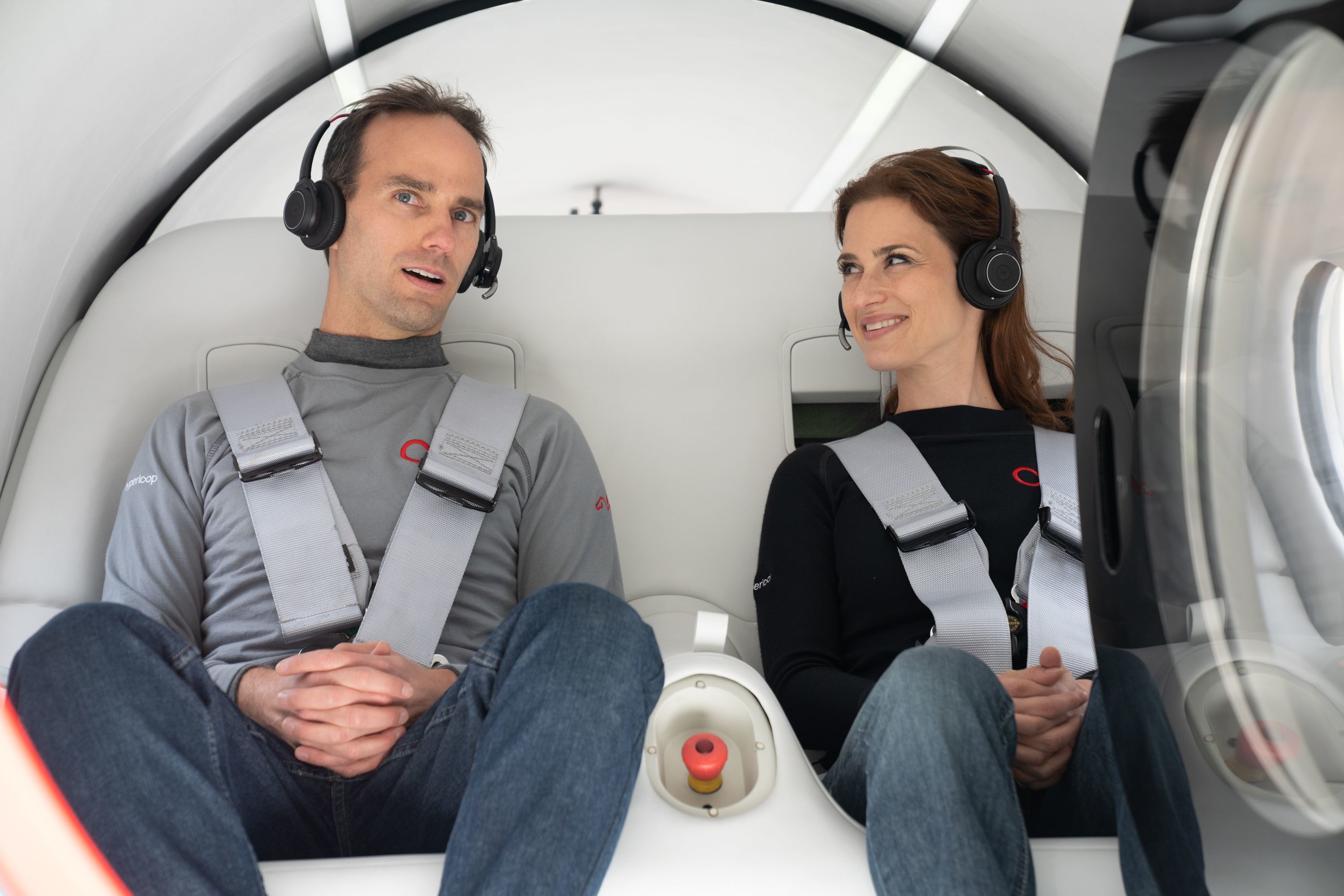 Josh Giegel and Sara Luchian travel in the first crewed Hyperloop pod test