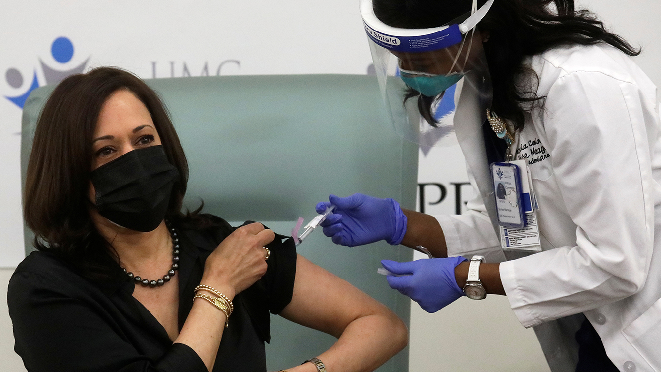 Kamala Harris receives her first dose of the COVID-19 vaccine